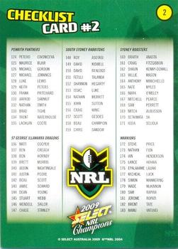 2009 Select NRL Champions #2 Checklist 2 Back